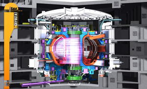 English: Computer-generated cutaway of the interior of the ITER international thermonuclear experimental reactor machine, with color-coded parts. Français: Image générée par ordinateur de l'intérieur du projet ITER réacteur expérimental thermonucléaire international, avec des composants codés par couleur.