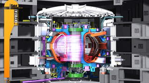 English: Computer-generated cutaway of the interior of the ITER international thermonuclear experimental reactor machine, with color-coded parts. Français: Image générée par ordinateur de l'intérieur du projet ITER réacteur expérimental thermonucléaire international, avec des composants codés par couleur.